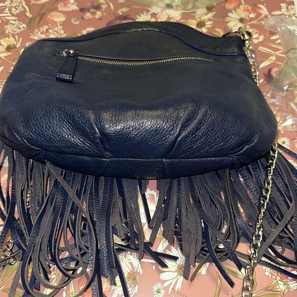 Blue fringe, Genuine Leather crossbody bag. frosting by Mary Norton. - Picture 7 of 7